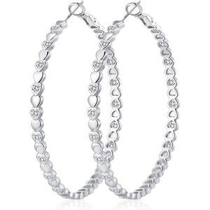925 Silver-50mm Heart Cubic Zirconia Large Rhinestone Hoop Earrings for Womens